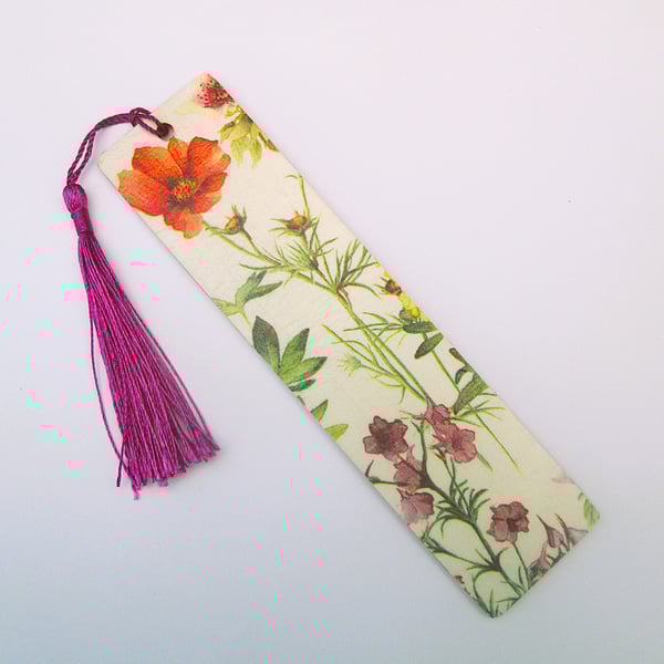 Wild flowers wood decoupage bookmark with tassel