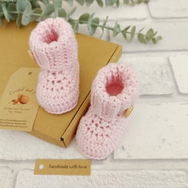 Cuffed Crochet Baby Booties in Pink, Sizes Newborn, 0-3, 3-6, 6-12, 12-18 Months