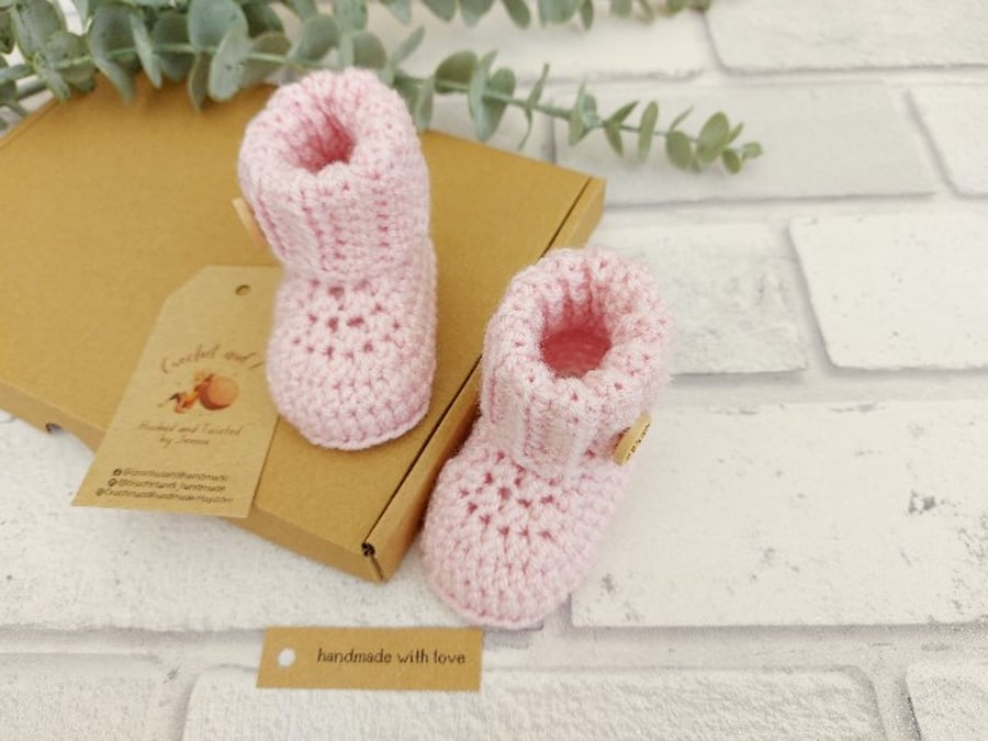 Cuffed Crochet Baby Booties in Pink, Sizes Newborn, 0-3, 3-6, 6-12, 12-18 Months