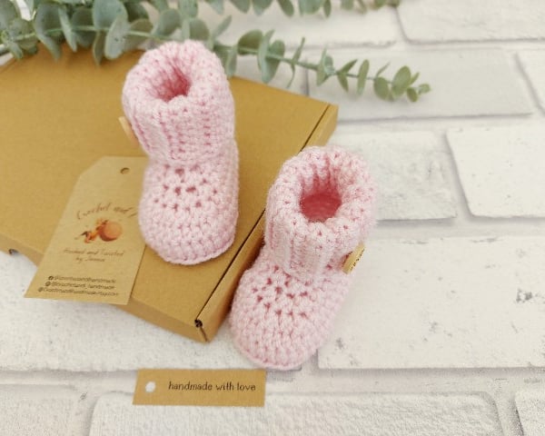 Cuffed Crochet Baby Booties in Pink, Sizes Newborn, 0-3, 3-6, 6-12, 12-18 Months