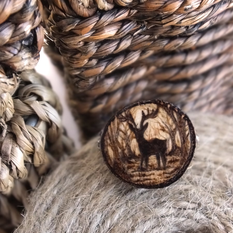 Stag silhouette, wooden tree slice pyrography brooch. Rustic branch pin.