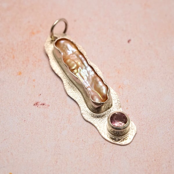 Pearl and Pink Spinel Pendant Handmade Unique