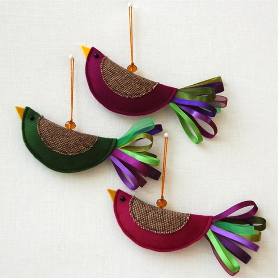 Christmas Decorations - Blackcurrant Birds Trio