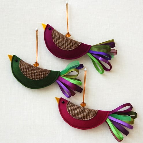 Christmas Decorations - Blackcurrant Birds Trio