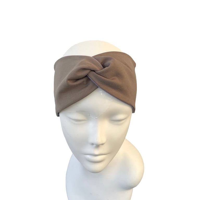 Taupe and Blue Cotton Twist Headband Wide Stretchy Soft Head Wrap for Women
