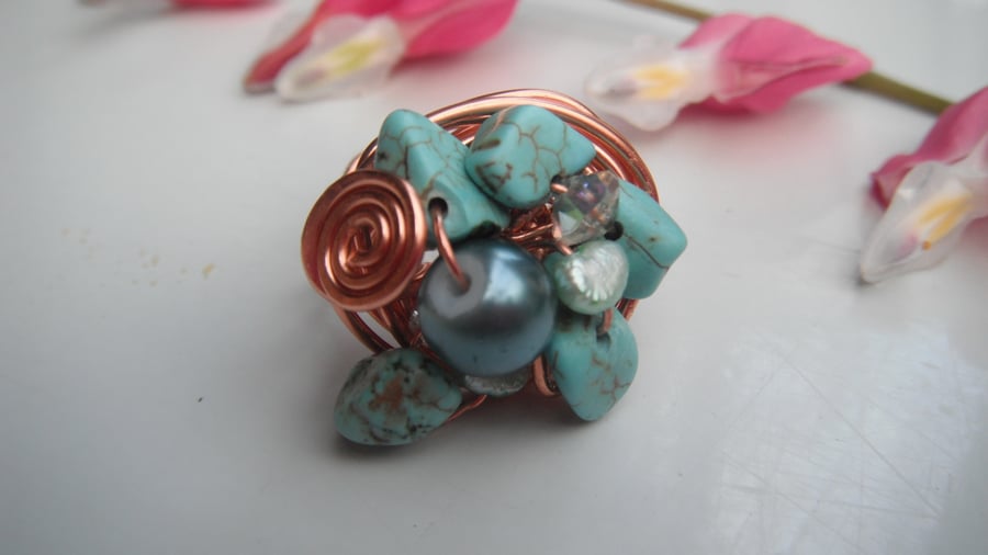 Turquoise Cluster Nest Ring - Copper FREE POST