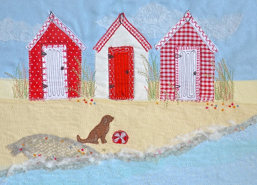 Beach Huts picture - Beach Hut Trio wall art, print, artwork, Toby the dog