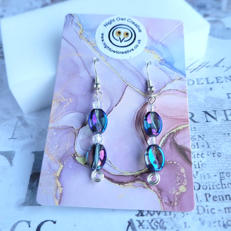Coffee Bean Earrings, Electroplate Rainbow Glass Beads, Blue Purple Rainbow