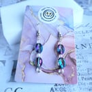 Coffee Bean Earrings, Electroplate Rainbow Glass Beads, Blue Purple Rainbow