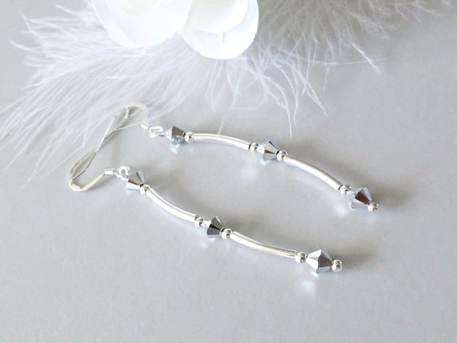 Bright Silver Premium Crystal Earrings With Sterling Silver Curved Bars