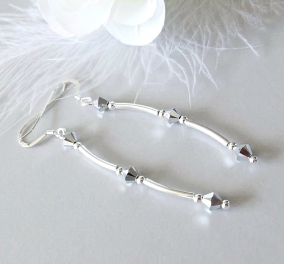 Bright Silver Premium Crystal Earrings With Sterling Silver Curved Bars