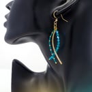 Sparkly Gold and Teal Beaded Dangle Earrings 