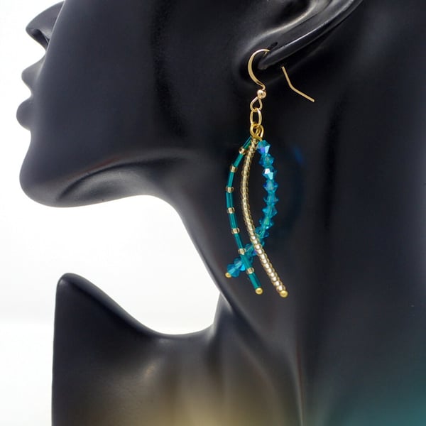 Sparkly Gold and Teal Beaded Dangle Earrings 
