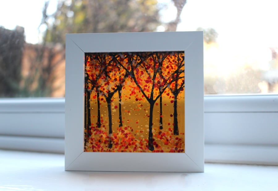 Seconds Sunday 10cm x 10cm Amazing Fused Glass Woodland Picture 'Gold Glow'