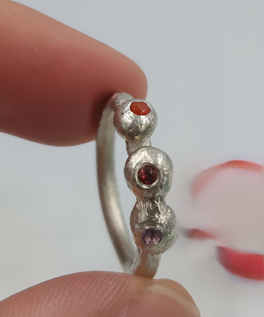 Molten Silver Granule Ring with Carnelian, Garnet, and Rhodolite Garnet