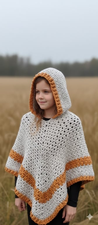 Handmade Chunky Wool Blend Child Poncho with Hood – Warm Winter Kids Cape 