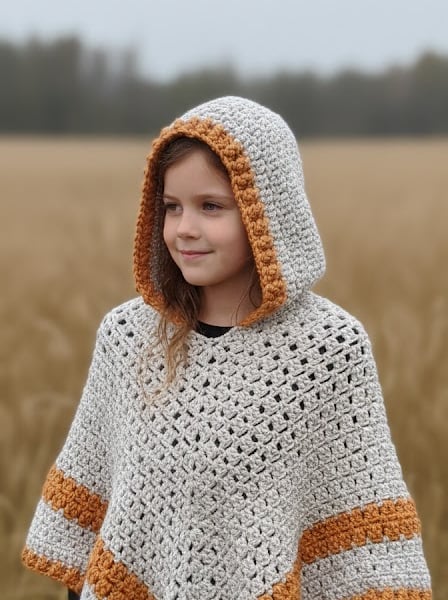 Handmade Chunky Wool Blend Child Poncho with Hood – Warm Winter Kids Cape 