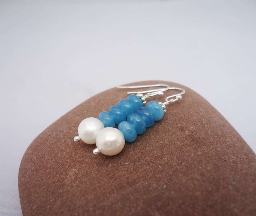 Kyanite and Pearls Earrings, Blue Kyanite and Freshwater Pearls Earrings