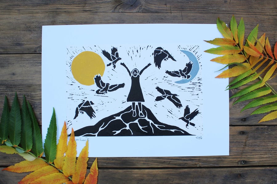 The Seven Ravens A3 lino print