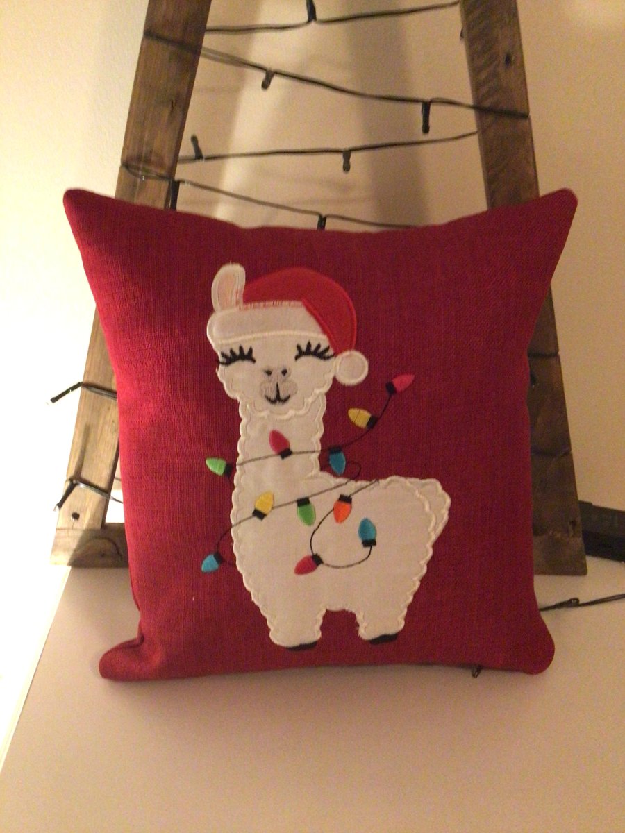 Christmas Cushion, Appliquéd Llama.