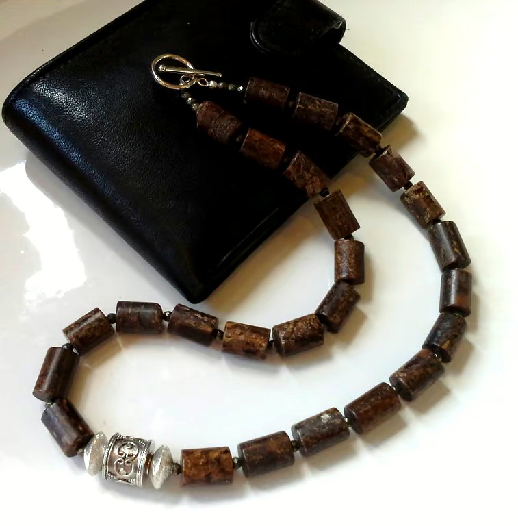 Wood Jasper,  Pyrite & Heavy Weight Sterling Silver Bead Mens Necklace