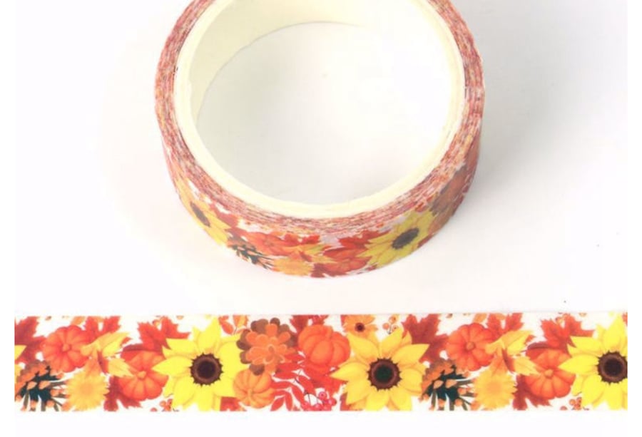 Autumnal, sunflowers 15mm Washi Tape, 5m, Decorative Tape, Cards, Journals,