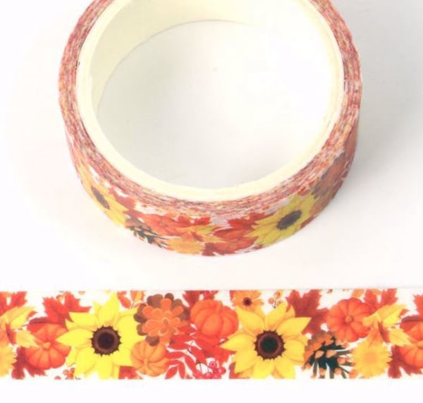 Autumnal, sunflowers 15mm Washi Tape, 5m, Decorative Tape, Cards, Journals,