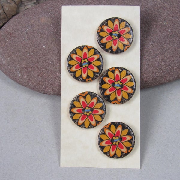 5 Medium Painted Black Flower Wooden Craft Buttons
