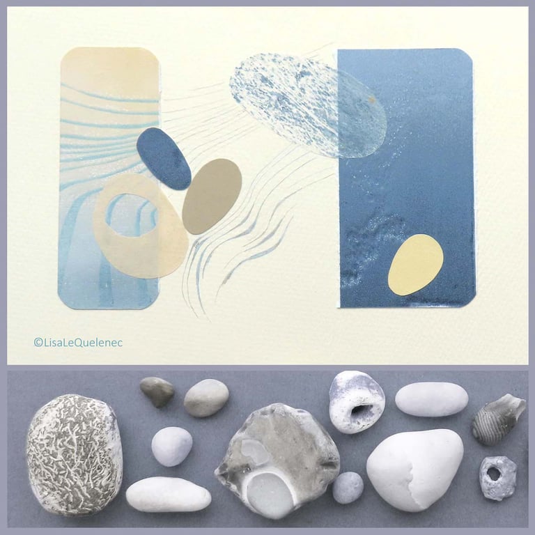 A mixed media collage subtly coloured depicting gentle erosion by wind & sea
