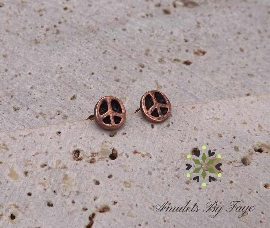 Small Recycled Copper Peace Sign Stud Earrings.