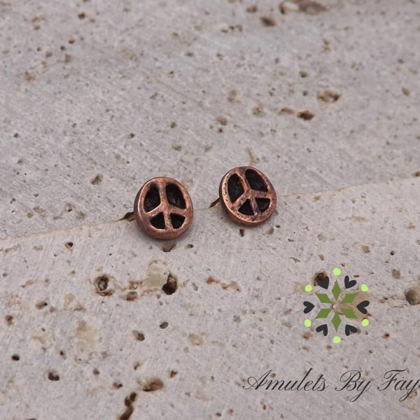 Small Recycled Copper Peace Sign Stud Earrings.