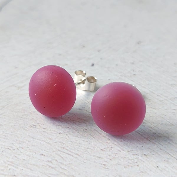 Raspberry pink stud earrings, fused glass, sterling silver fittings