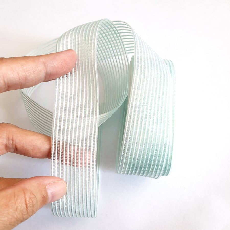 1m Mint Green Strip Lines Premium Organza Ribbon 25mm for Bow & Hair Accessories