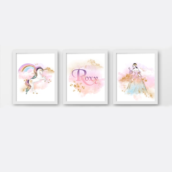Watercolour unicorn nursery wall prints, Unicorn nursery decor