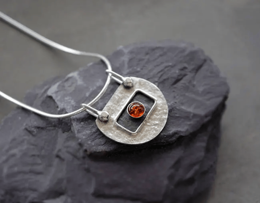 Handmade sterling silver textured amber pendant necklace