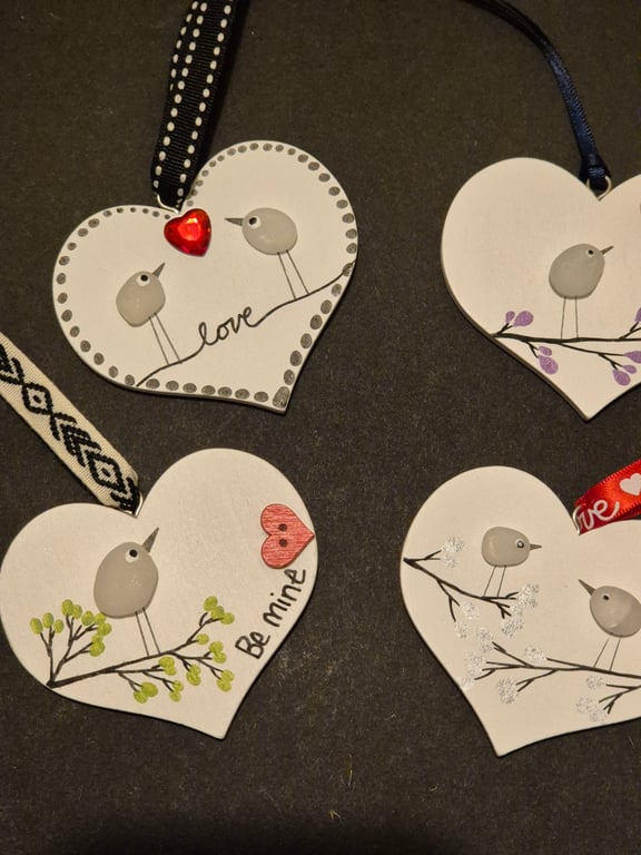 Set of 4 handmade hanging wood hearts with seaham seaglass birds love 