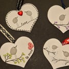 Set of 4 handmade hanging wood hearts with seaham seaglass birds love 