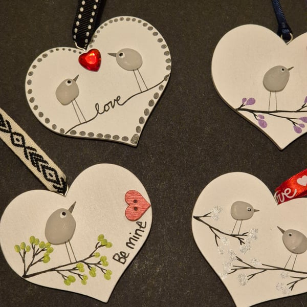 Set of 4 handmade hanging wood hearts with seaham seaglass birds love 
