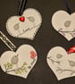 Set of 4 handmade hanging wood hearts with seaham seaglass birds love 