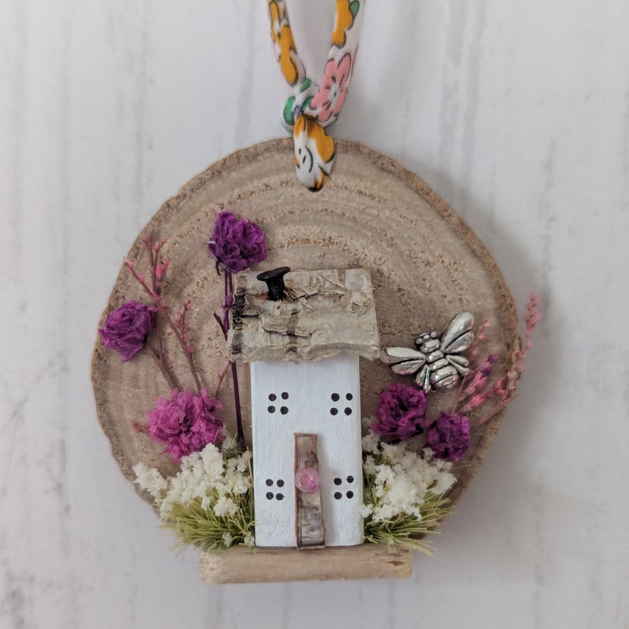 Bee Cottage - Handmade Tiny Wooden Hanging Home Decor 