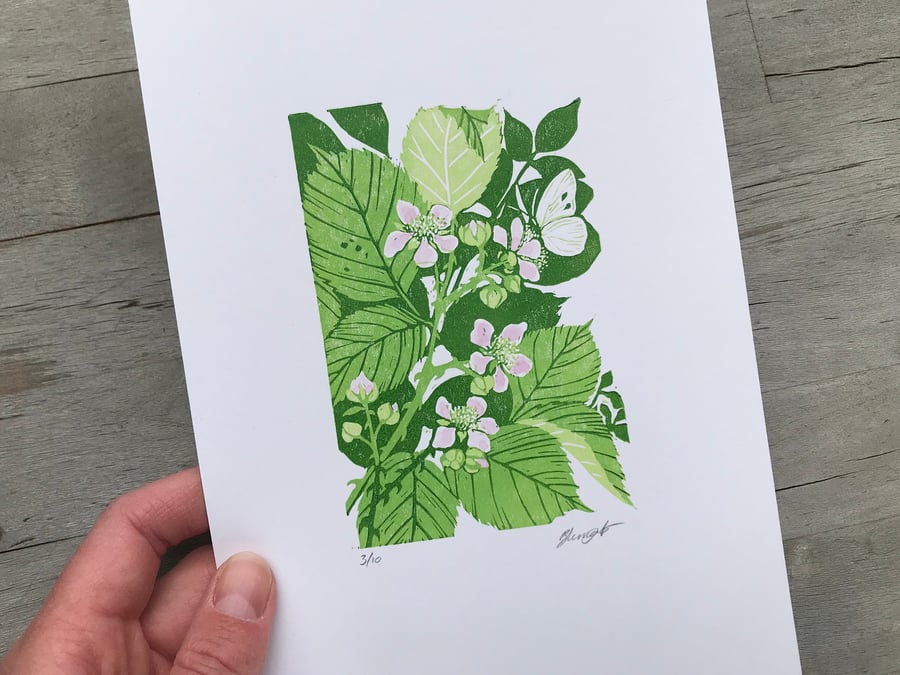 Bramble: Original, hand printed lino cut print by Suffolk artist Beth Knight