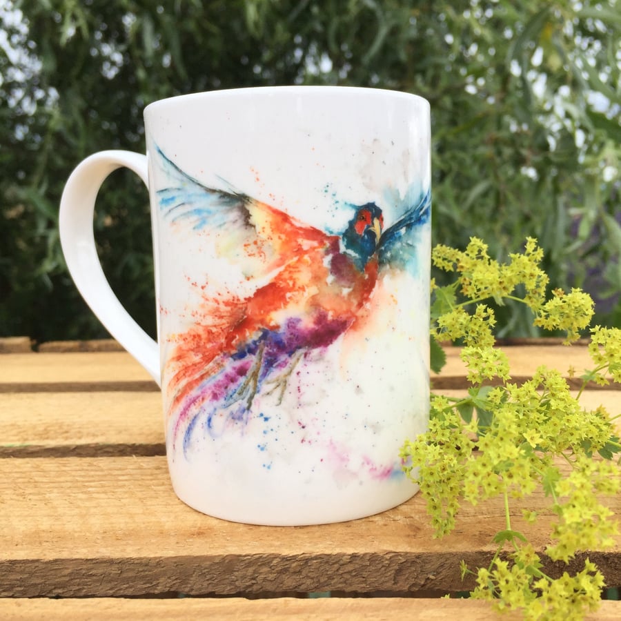Pheasant Watercolour Bone China Mug, 10 oz cup, Wildlife by Artist Sandi Mower