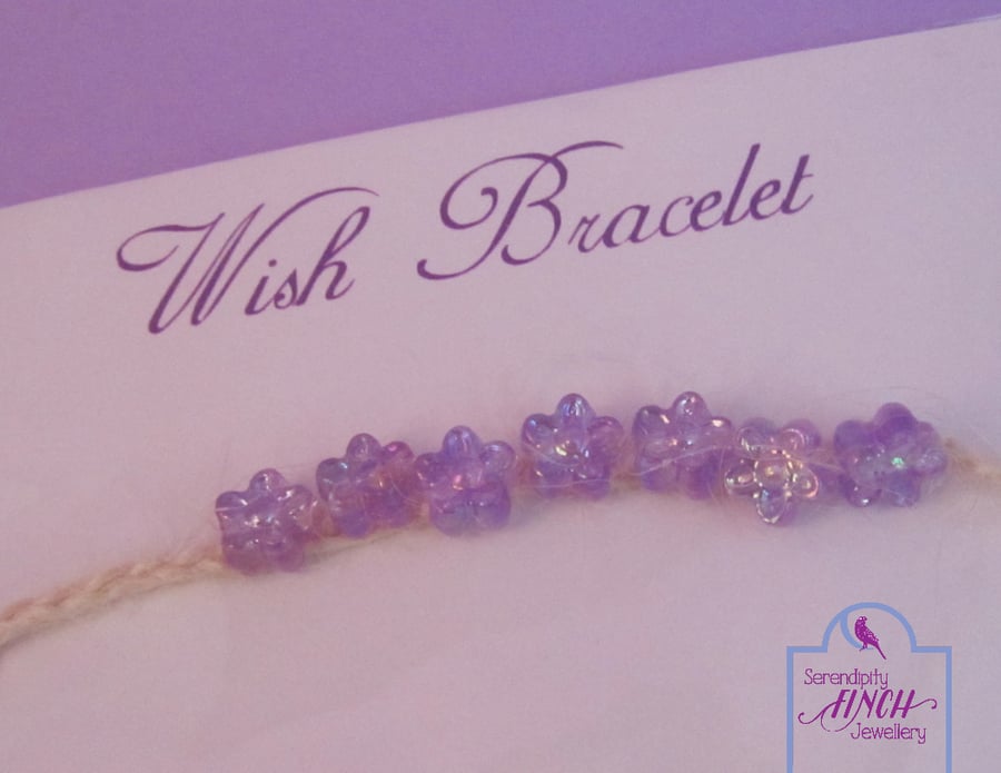 Flower Wish Bracelet, Purple White Wish Bracelet, Jute Bracelet