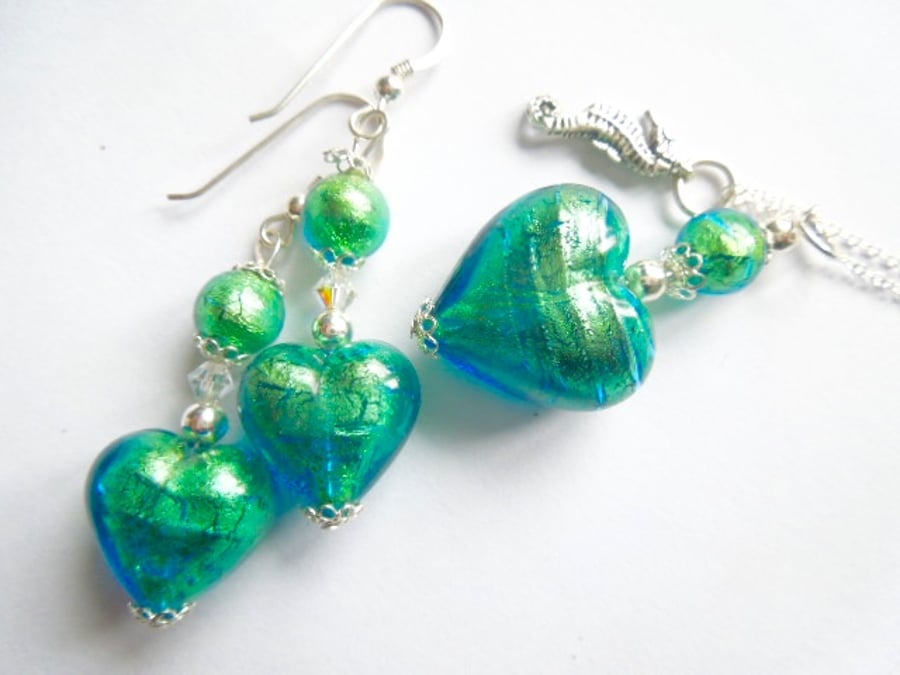 Murano glass green jewellery set with sterling silver charm and chain.