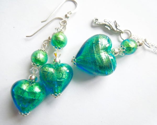 Green Murano glass jewellery set with sterling silver charm.