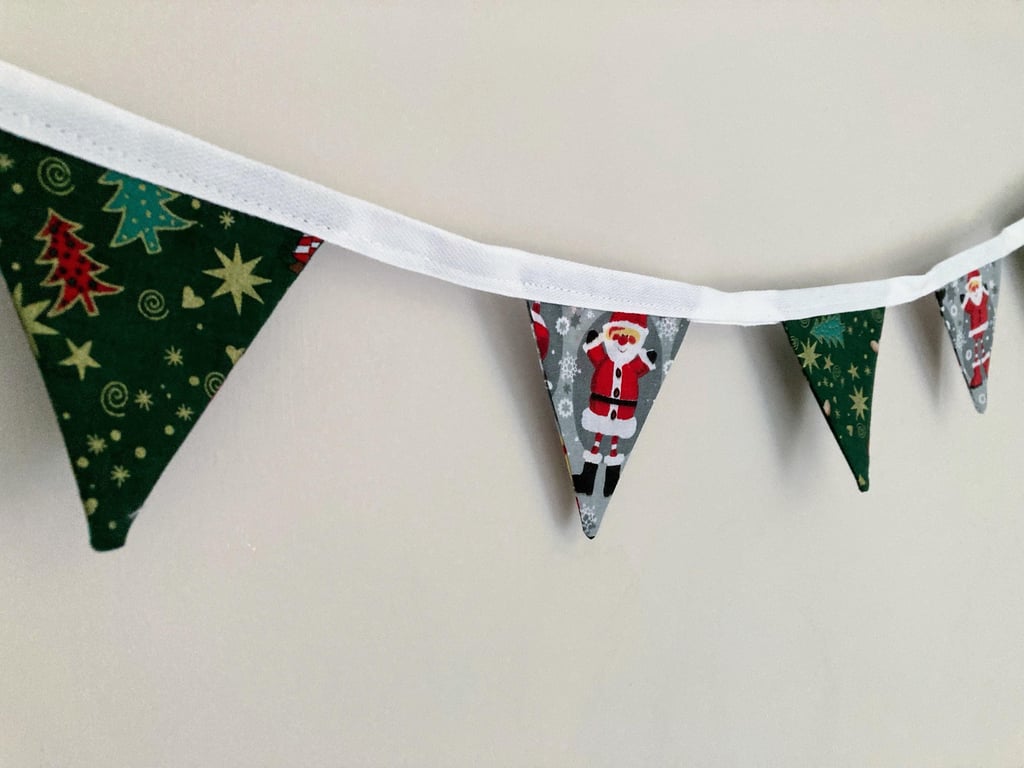 Green and grey Christmas cotton mini bunting. Double sided cotton fabric.