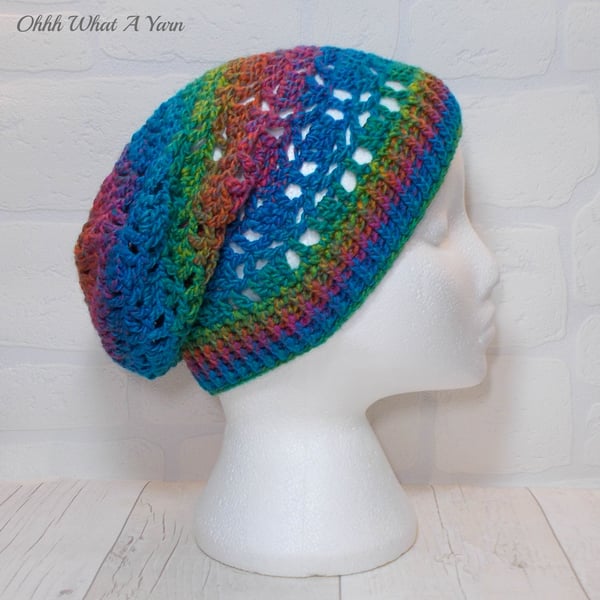 Ladies rainbow slouchy lacy beanie hat. Crochet hat. Ladies hat. Rainbow hat.