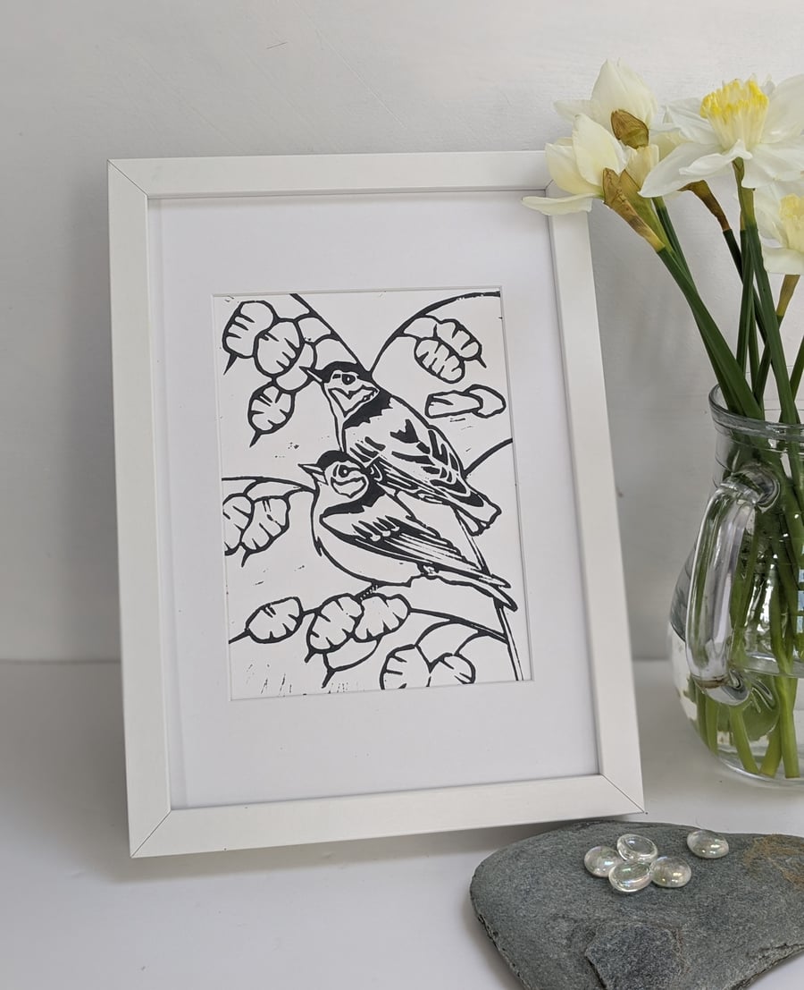 Handmade Linocut Print Nuthatches in Honesty