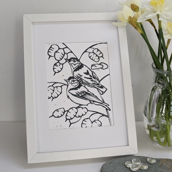 Handmade Linocut Print Nuthatches in Honesty