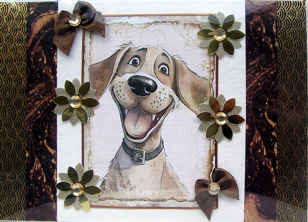 Smiling Happy Puppy - Hand Crafted Decoupage Greeting Card - Blank 2861